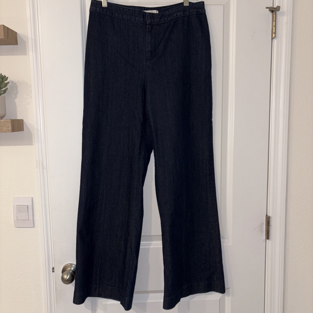 Ellen Tracy Trouser Denim Jeans Pants Womens Size 8 Darker Blue Stretch Wide Leg